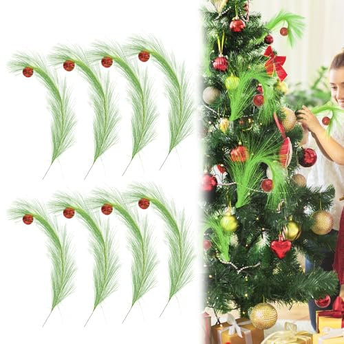 XehCaol Grinch Deko Weihnachtsschmuck Grinch Grinch Baumschmuck Weihnachtsbaum Topper Lime Green Curly mit roten Weihnachtskugel Zweige Dekorationen für Xmas Tree Topper Kranz Home Office (8)