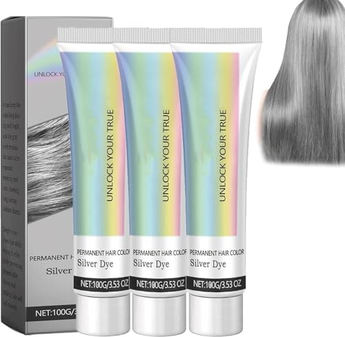 2-in-1 Natural Essence Extract Silver Hair Dye, Silver Gray Natural Hair Dye Cream, Silver Metallic Hair Dye, Fashion Silver Gray Hair Dye Permanent, for All Hair Types (3 Pcs)