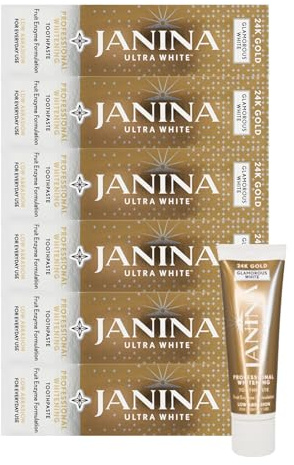 Janina Ultra White Multipack of 6 x 75ml 24K Gold Toothpaste, Mint, Low Abrasive Formula with Anti-Inflammatory Colloidal Gold & Whitening Complex for Teeth Whitening, Vegan & Cruelty Free