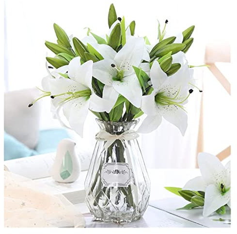 QTYQWC Künstliche Blumen in Vase, künstliche Lilien, künstliche Blumen mit Vase, fühlt Sich echt an, Blumenstrauß für Hochzeit, Party, Haus, Garten, Hotel, Dekoration, künstliche Blumen (Farbe: