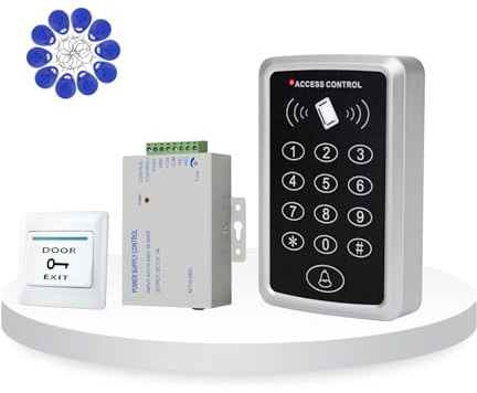 ReaIOKbii Kit sistema di controllo accessi RFID, lettore tastiera, alimentatore, pulsante di uscita porta, 10 portachiavi 125KHz