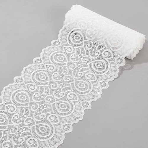 NBEADS Vit polyester stretchtyg med blomönster, 19 cm bred, stretchbar, för bröllopsdekoration, gör-det-själv, sy, heminredning