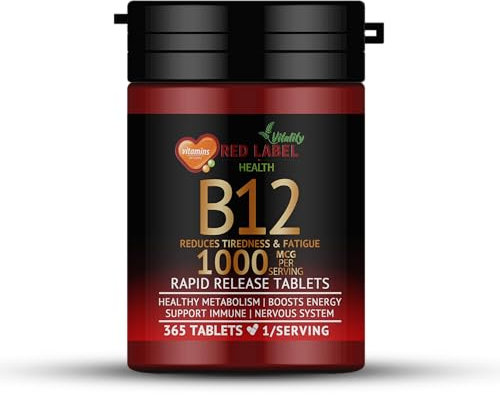 Red Label Health Vitamin B12 Tablets High Strength 1000mcg, 365 Tablets (1 Year Supply) Methylcobalamin B12 for Tiredness, Fatigue & Energy Vegan & Vegetarian-Friendly Made in The UK