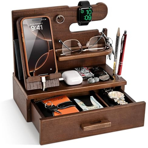 TESLYAR Station d'accueil pour téléphone en bois avec tiroir – Organiseur de table de nuit – Organisateur de bureau pour mari – Cadeaux d'anniversaire pour hommes, papa, idée d'anniversaire, support