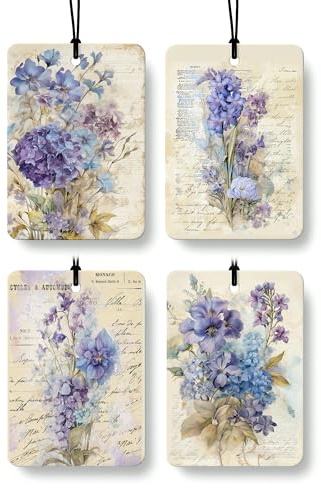 EKGJW Vintage Purple Floral Cologne Car Air Freshener 4 Pcs, Rustic Hydrangea Violet Campanula Hanging Air Freshener for Cars Bathroom Dorm Books Decor, Cute Flower Accessories Gifts for Women Girls