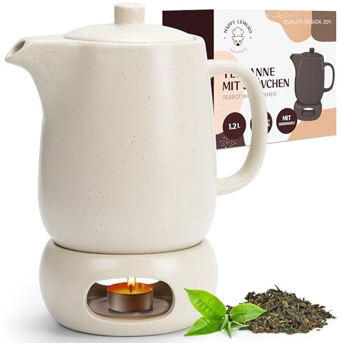 Happy Lemuro Teekanne mit Stövchen Set - 1,2 l - Keramik Teekanne mit Siebeinsatz und Kerzenwärmer - Tea Pot - Teapot - Tee Kanne mit Stövchen Keramik (Beige)