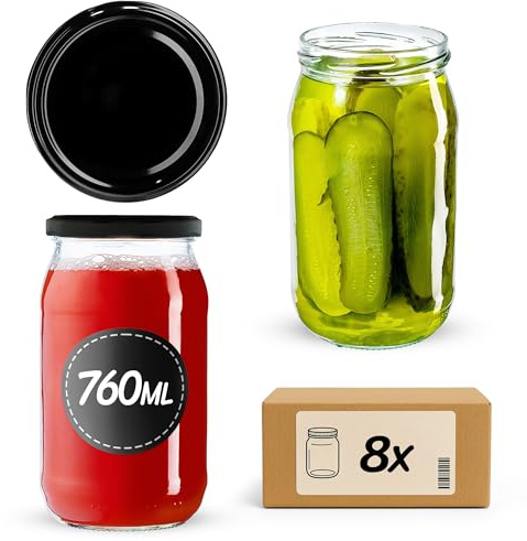 KADAX 8er Set Einmachgläser 760ml TO82 Schwarz, Große Sturzgläser mit Schraubdeckel, Einkochgläser Fermentierglas für Gurken, Gemüse, Sauerteig