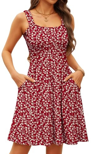 Oyamiki Sommarklänningar damer knälång ärmlös blommor hög midja A-linje med kantig urringning klänning casual strandklänningar blommig midiklänning, röd, M