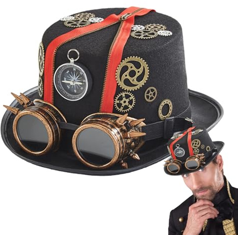 Cappelli steampunk da uomo, cappello di Halloween con occhiali rimovibili, costume da viaggiatore nel tempo, accessori steampunk per Halloween in maschera