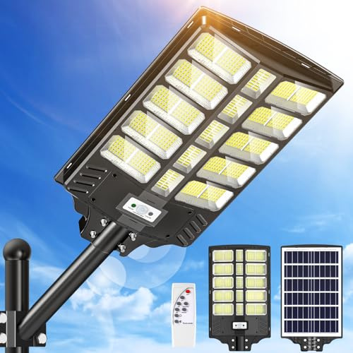 1200W LED Réverbères Lampadaire Solaire Exterieur avec Télécommande, éclairage à 220°, 6500K Reverbere Solaire Exterieur Détecteur de Mouvement IP67 Etanche LED Réverbères pour Parking Patio Rue 1PCS