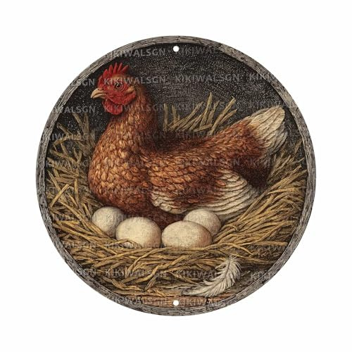 Vintage Chicken Hen Rooster Round Metal Sign Retro Chicken Lovers Tin Sign Nostalgic Rustic Wall Decor Kitchen Yard Fence Door Outside Farmhouse Coop Poultry House 8 * 8 In