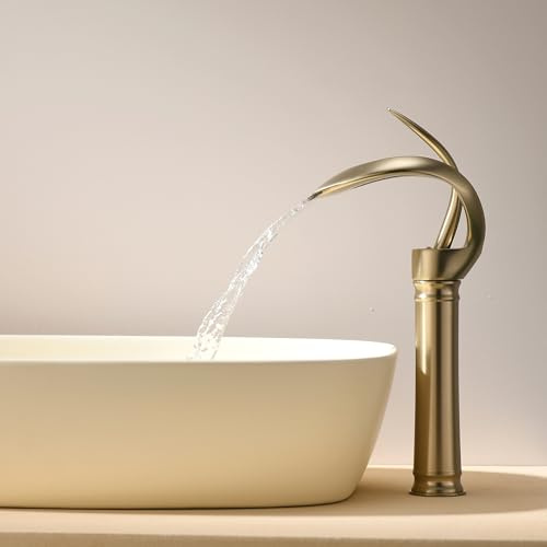 Vattenfallskran borstat guld, tvättställsarmatur hög vattenkran badrum vattenfall tvättställsblandare tvättställ modern kran, vattenkran mässing (hög)