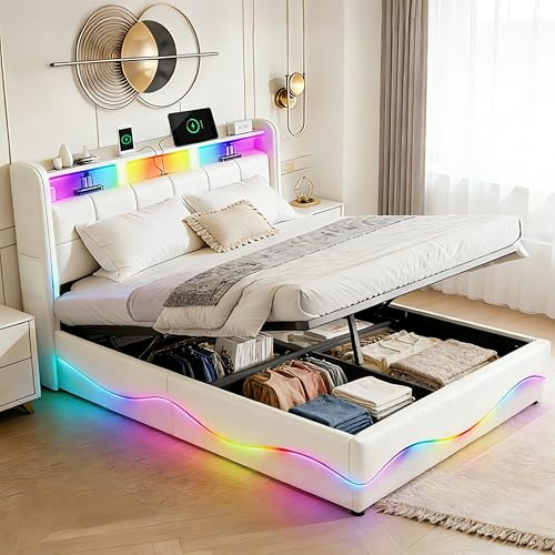 XMFFPM 160x200 cm Bettgestell mit Ladestation, Leder, Weiß | LED-Beleuchtung, USB & Type-C Ladeanschlüsse, Polsterbett, geräuschfrei, ohne Matratze, Holzlattenrost