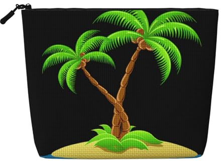 3D Palm Tree Makeup Bag Large Capacity Fake Hemp, Portable Zippered Case Water Resistant Toiletry Pouch