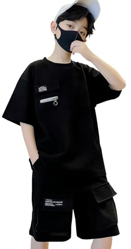 Amur Leopard Completi Estivi Bambino Tute Sportive 2 Pezzi T-Shirt a Maniche Corte + Pantaloni Corti Tuta Ragazzi Traspiranti, Nero, 160/12-13 Anni