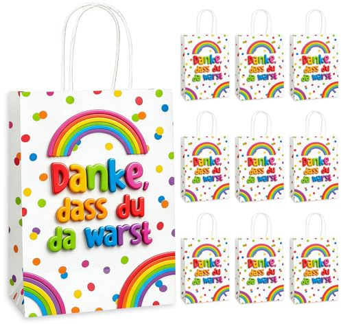 10 Stück Geschenktüten Kindergeburtstag, Mitgebsel Tüten, Kindergeburtstag Papiertüten, Geburtstagstüten mit Henkel, Papiertüten Party „Danke dass du da warst“, für Geburtstag, Hochzeit, Party