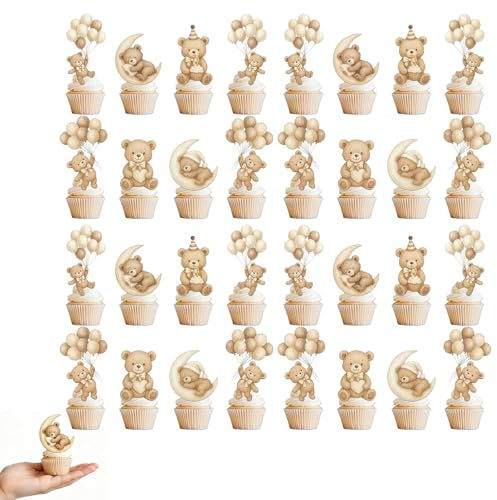 BRTNUP Baby Shower Cupcake Toppers Set of 32, Teddy Bear Cake Toppers Cake Topper Decorations Baby Shower Cupcake Decorations with Balloon Moon Heart for Gender Reveal 1st Birthday Christening (Brown)