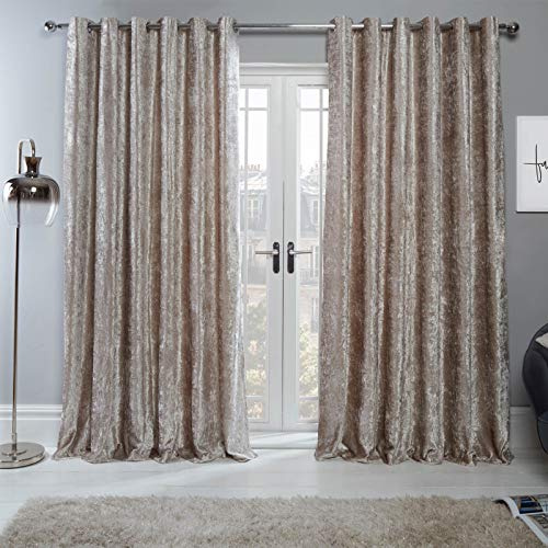 Sienna 2 Panel Crushed Velvet Curtain Eyelet Ring Top Pair of Fully Lined Curtains, Soft Luxury Light Blocking Curtains for Bedroom Living Room 46 x 54, Natural Gold