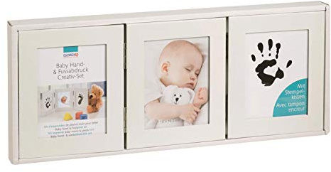 Glorex 6 8070 413 - Kreativ Set für Baby Hand- und Fußabdruck, mit Rahmen für 3 Bilder, ungiftiges Stempelkissen und Papier, ideal als Geschenk zur Geburt