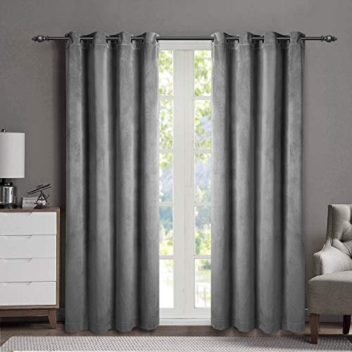 Singinglory Velvet Curtains Pencil Pleat Blackout Curtains 2 Panels with 2 Tiebacks Thermal Eyelet Curtain for Bedroom & Living Room Grey 66x90