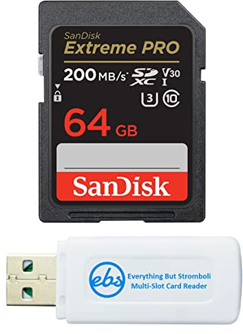 SanDisk 64GB SDXC Extreme Pro Memory Card Works with Canon EOS R, M50, M100 Mirrorless Camera 4K V30 UHS-I (SDSDXXY-064G-GN4IN) with (1) Everything But Stromboli (TM) Combo Reader