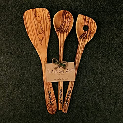 What the Art!® Olive Wood «The Chef» S | Set 3 utensili da cucina + regalo | 30 cm | Spatola + Cucchiaio da cucina + Cucchiaio da risotto