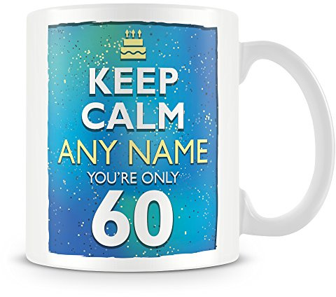 60th Birthday Gift for Men - Personalised Mug/Cup - Keep Calm Design - Blue