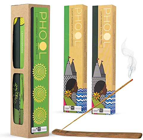 Phool - Paquete de 2 varillas de incienso natural, paquete de aromaterapia (80 varillas de agarbatti orgánicas, árbol de té y citronela, paquete especial Navratri y Gudi Padwa, soporte de madera, 100%
