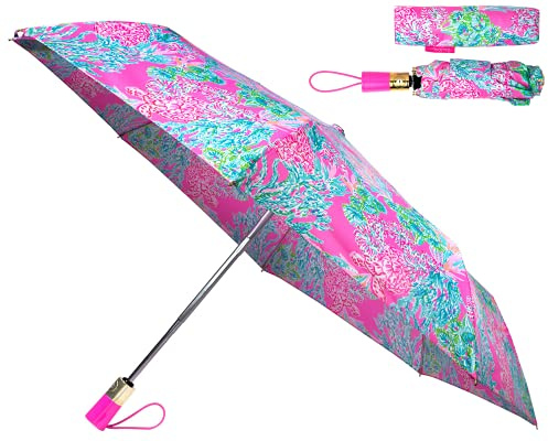 Lilly Pulitzer Damen-Reise-Regenschirm mit automatischem Öffnen/Schließen und Aufbewahrungstasche, Seaing Things, mehrfarbig, Gold