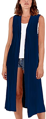 Womens Sleeveless Maxi Cardigan Long Open Front Duster Jacket Ladies Boyfriend Collar Style Waistcoat Lightweight Longline Blazer Vest UK 12-26