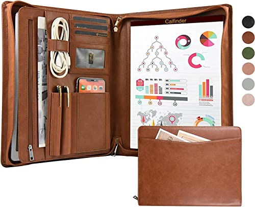 Calfinder Konferenzmappe A4 Leder, Schreibmappe mit a4 Klemmbrett/Reissverschluss, Veganes Leder Aktenmappe Dokumentenmappe, Büro Organizer Ordner Mappe, Geschenk für Damen/Herren, Braun