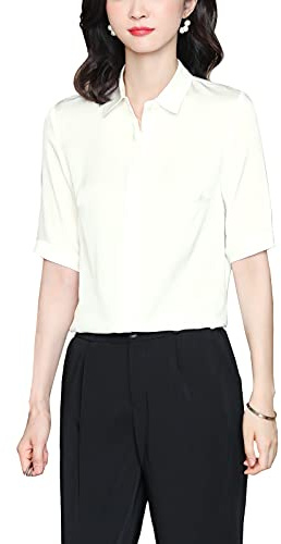 DISSA Damen Weiß Hemdbluse Seide Solide Hemden Damenbluse Kurzarm Revers Seidenbluse,L,S3350
