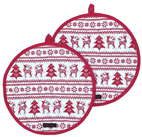 Ragged Rose Aga Cooker Hob Covers - 38 cm x 38 cm Universal Hob Mats for Gas, Oil, Electric, & Induction Aga Cookers - Pair of Machine Washable Cotton Chef’s Pads - Red Christmas Nordic, Pack of 2