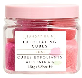 Sunday Rain Exfoliating Cubes, Gentle Vegan Body Exfoliator, Infused with Soothing Rose Oil, Vitamin A and Antioxidant Minerals for Renewing and Evening Skin Tone, Fresh Rose Petals Scent, 150g, Pink