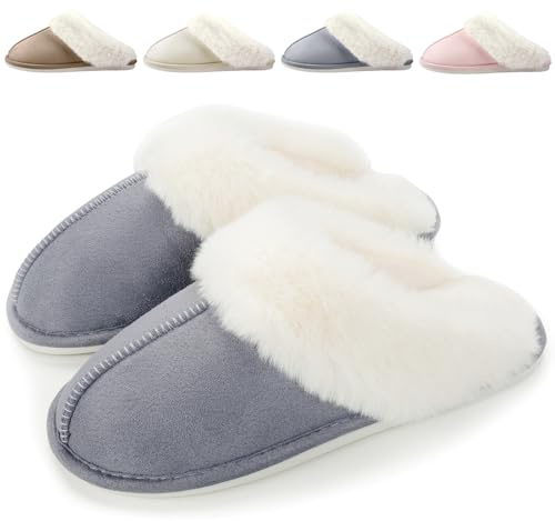 HILAX Pantoufles Femme Homme Hiver Chausson Maison Confort Chaud Slippers Cuir Peluche Mules Fourrure Intérieur Antidérapant Chaussures pour la Maison, Gris, EU 36/37