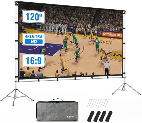 Projector Screen Outdoor, Projector Screen with Aluminum Alloy Stand Portable 120 Foldable Projection Screens, KSAN 10 Feet Indoor Home Theater Movie Screens with Carry Bag for Backyard Movie Night