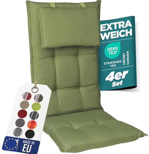 gardisun Gartenstuhlauflagen Hochlehner mit Kopfteil, 4er Set, Grün | Extra Dicke Sitzauflagen, Made in EU, Polsterauflagen für Hochlehner, Auflagen mit extra hoher Lichtechtheit