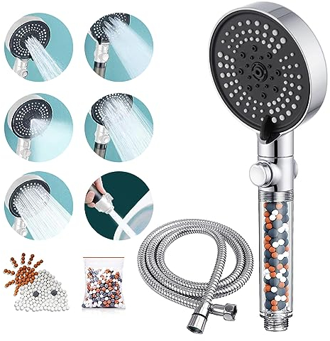 Pommeau de Douche Stop Avec Tuyau 1,5m Pommeau Douche anti Calcaire, Argent Economie deau Pommeau de Douche Haute Pression with PP Filter Cotton anti Calcaire Douche free 2 Packs Boules MinéRales