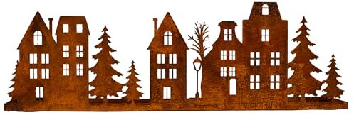 Kerzentablett Winterlandschaft Tablett Edelrosttablett Edelrostdeko Weihnachtsdorf Winterdorf Dekotablett Metalltablett Kerzenhalter Aufsteller Dekoaufsteller (Edelrost 60cm)