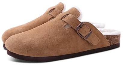 MdybF Tofflor Päls Träskor för Kvinnor Män Vinter Hem Kork Mules Fuzzy Tofflor Kort Plysch Potatisskor Inomhus Utomhus Varm, Brun, 42 EU