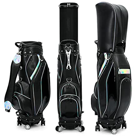 Professionelle Golftasche, hochwertige wasserdichte Golf-Cart-Tasche aus PU-Leder mit 4 Universalrädern, Golf-Standbag, Reise-Golfschlägertaschen für Männer und Frauen (Black)