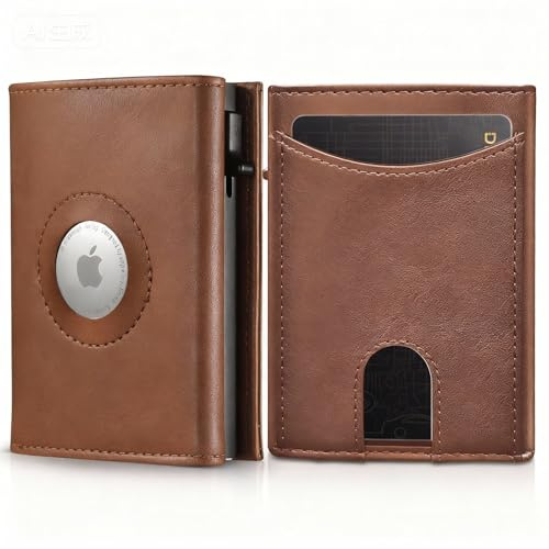 Airtag Wallet Portmonee Herren - Airtag Geldbörse mit RFID Schutz, Slim Wallet Geldbörse für 8+ Karten Pop Up-Mechanismus Und Magnetschalter (Airtag Nicht im Produkt Enthalten) (Leder, braun)