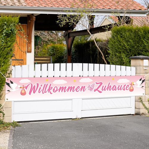 LAMEK Rosa Storch Willkommen Zuhause Banner 300x50cm Geburtsstorch Herzlich Willkommen Baby Jungen Geburt Babyparty Taufe
