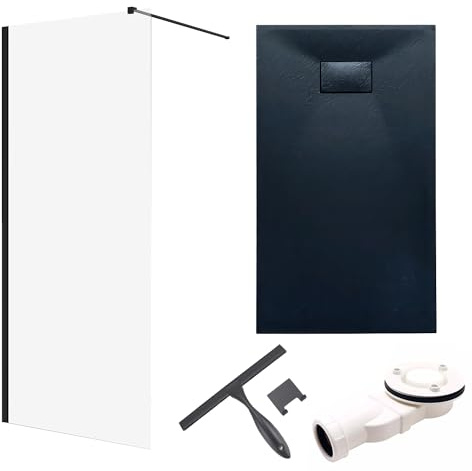 BADLAND Komplettes Set - Walk-In Dusche KETIL 120x195 + Duschwanne VIDAR 90x120 + Badwischer - Duschabtrennung Transparent Nano Glas, Duschtasse Rechteck Schwarz Steinoptik SMC mit Siphon Ø 90 mm
