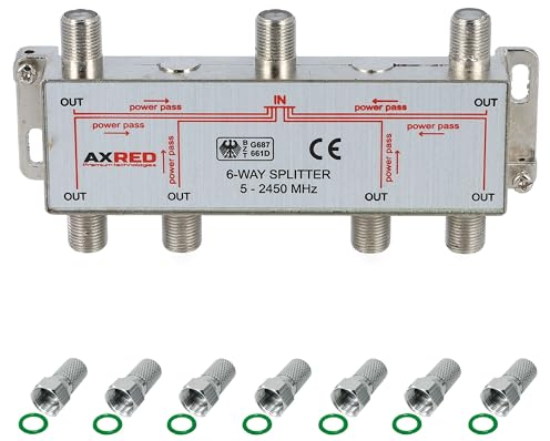 AXRED Sat Verteiler 6fach + 7X Anadol F-Stecker, für Verteilung von 1 Antennensignal auf 6 Endgeräte (Receiver/Fernseher/UKW Radio) 3-Fach Satverteiler Sat Splitter Satswitch Antennenverteiler