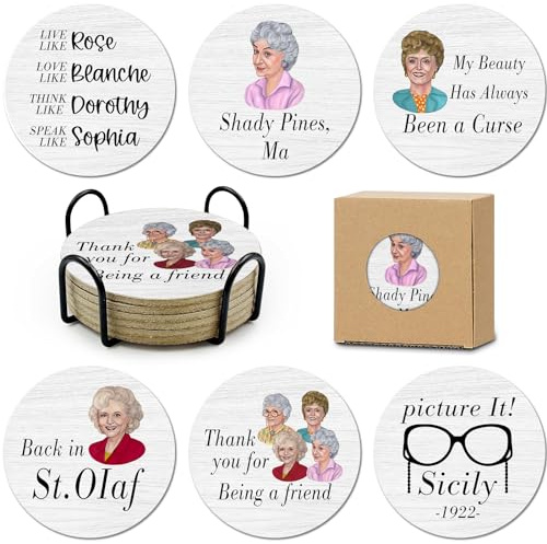 HSSPIRITZ 6 Golden Girls Korkuntersetzer für Getränke, Golden Girls TV Show Merchandise, lustiges Set mit Untersetzerhalter, Golde Girl TV Küchendekor Untersetzer als Geschenk für Fans