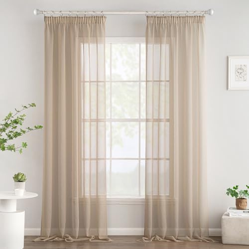 Woaboy Gardinen mit Kräuselband Voile Wohnzimmer 2er Set 140x200 cm Beige | Vorhänge Transparent Sheer Curtains Stores Gardine Schlafzimmer Modern Schlaufengardinen