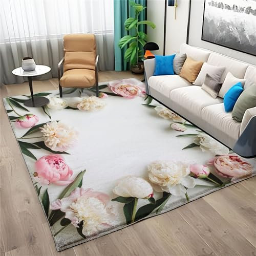 Waschbarer Teppich 180 X 240 cm Blume, Weiße Rose, Tulpenblatt Flauschiger Kurzflor Teppich Für Wohnzimmer Und Schlafzimmer Bunt, Anti-Rutsch Unterseite, Kinderzimmer Fußmatte Dekoration