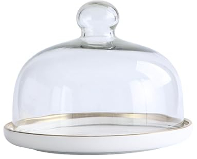 XUJIAM Kuchenhaube Keramik Kuchenplatte Glas, Kuchenglocke Ständer Tortenständer Glashaube Lebensmittel Abdeckung Für Hochzeit Geburtstag Party,Weiß