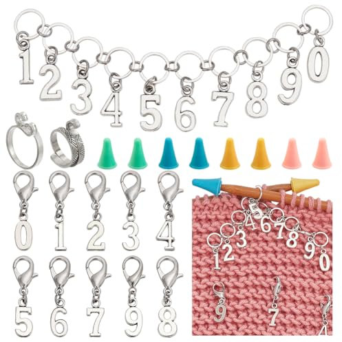 NBEADS 10 Stk. Nummer 0-9 Maschenmarkierer, 20 Stk. Kegel Stricknadel Stopper, 2 Stk. Garnführer Fingerhalter mit Strickreihenzähler Kette für Stricken Häkeln Tracking Projekt